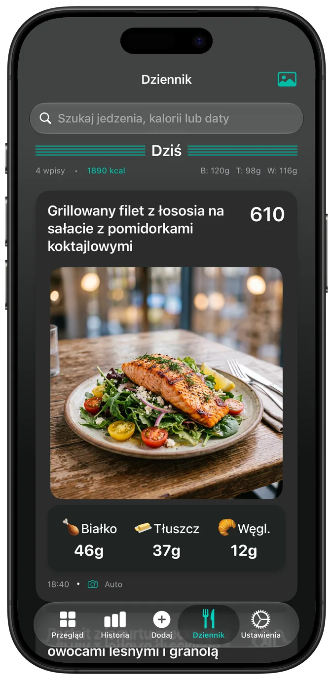 Dziennik jedzenia w trybie ciemnym