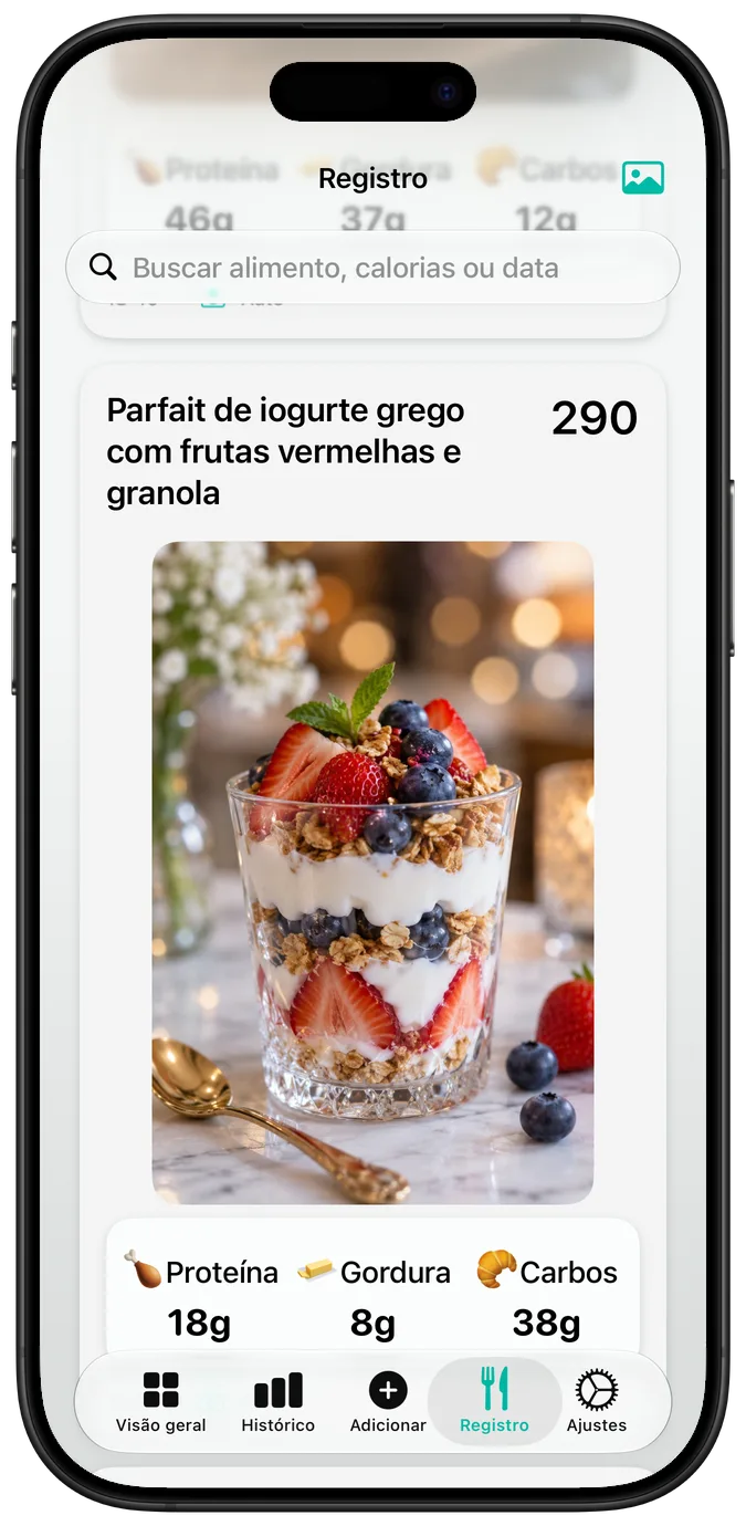 Registro de refeições mostrando Parfait de iogurte grego com frutas vermelhas e granola, com calorias e macros