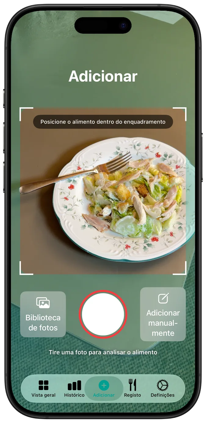 Ecrã para adicionar alimentos