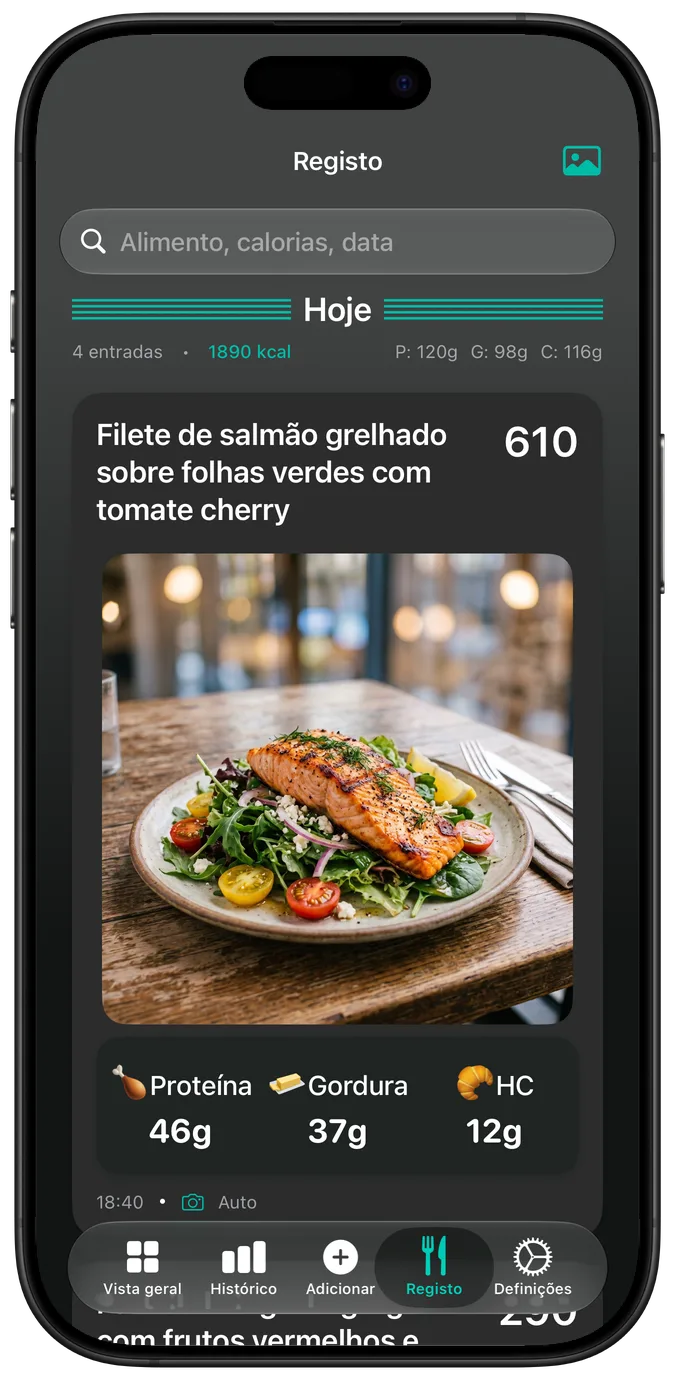 O registo de refeições no modo escuro