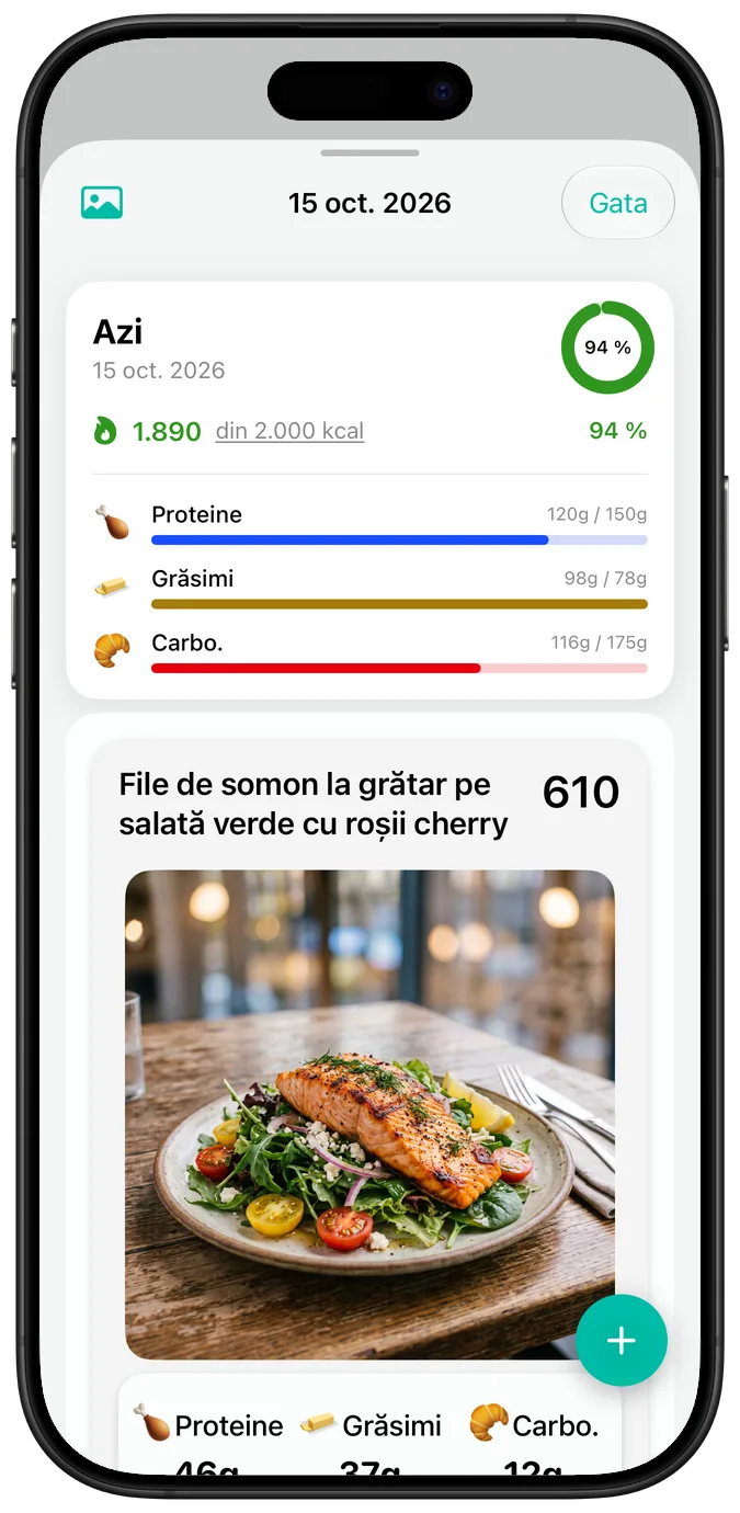 Rezumatul unei zile la dimensiunea implicită a textului: calorii, bare de progres pentru macro și o fotografie cu File de somon la grătar pe salată verde cu roșii cherry