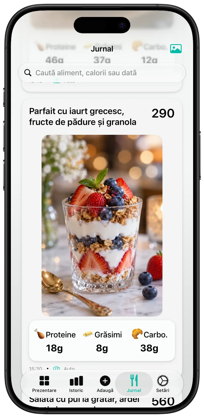 Jurnalul alimentar cu Parfait cu iaurt grecesc, fructe de pădure și granola, caloriile și valorile macro