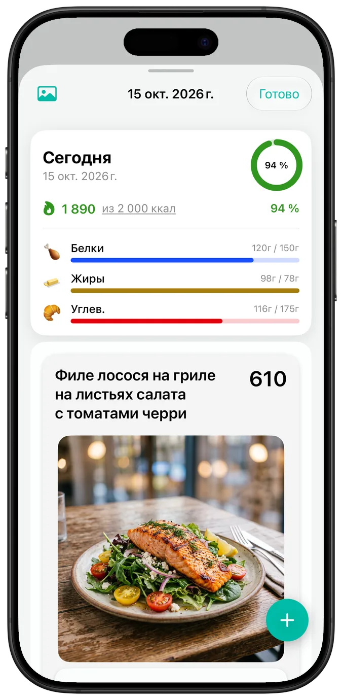 Сводка за день при стандартном размере текста: калории, шкалы прогресса БЖУ и фото блюда «Филе лосося на гриле на листьях салата с томатами черри»