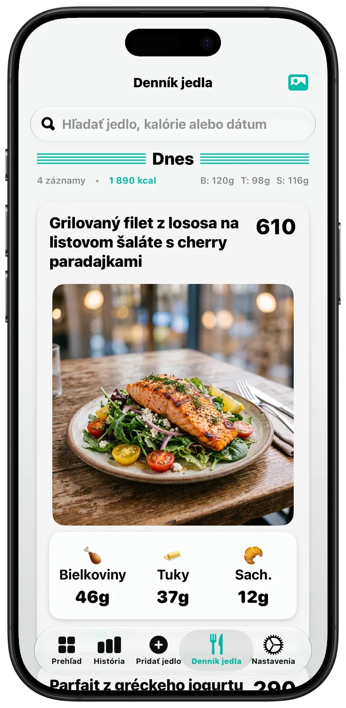 Denník jedla so zapnutou voľbou „Tučný text“, všetky popisy výraznejším písmom