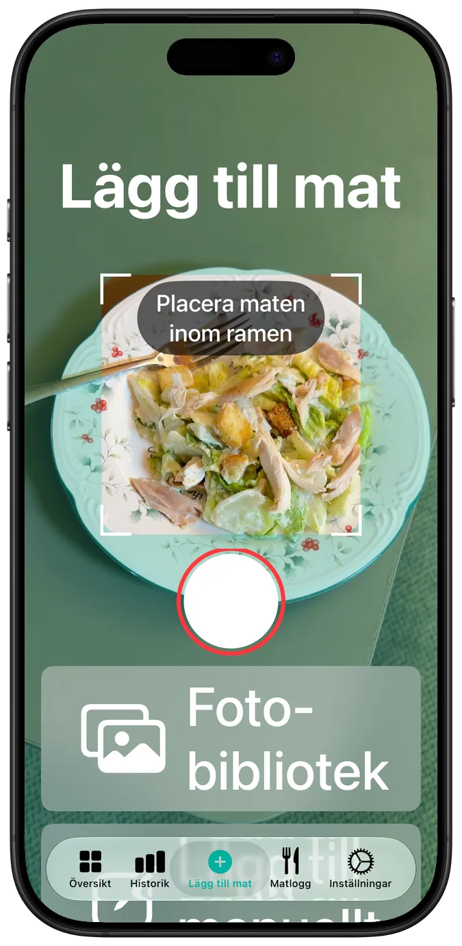 Kameraskärmen i den största textstorleken för hjälpmedel: en sallad i bild och slutaren och bildbiblioteksknappen staplade under den