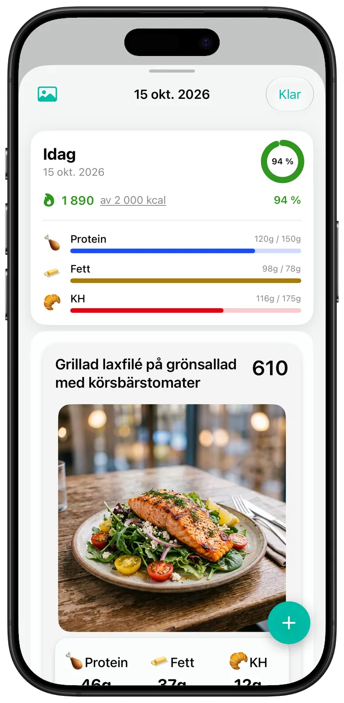 En dagssammanfattning i standardtextstorleken: kalorier, förloppsstaplar för makron och ett foto av ”Grillad laxfilé på grönsallad med körsbärstomater”