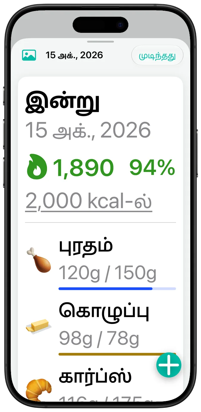 மிகப்பெரிய அணுகல்தன்மை எழுத்து அளவில் ஒரு நாளின் சுருக்கம், ஒவ்வொரு மேக்ரோவின் எண்களும் அதன் பெயருக்குக் கீழே மடிந்துள்ளன