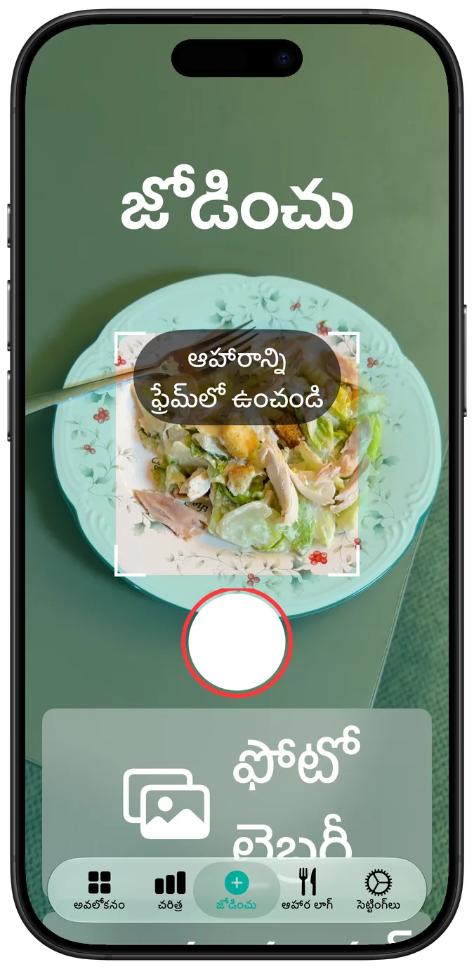 అతిపెద్ద యాక్సెసిబిలిటీ టెక్స్ట్ సైజ్‌లో కెమెరా స్క్రీన్: ఫ్రేమ్‌లో సలాడ్, దాని కింద షట్టర్, ఫోటో లైబ్రరీ బటన్‌లు ఒకదాని కింద ఒకటి