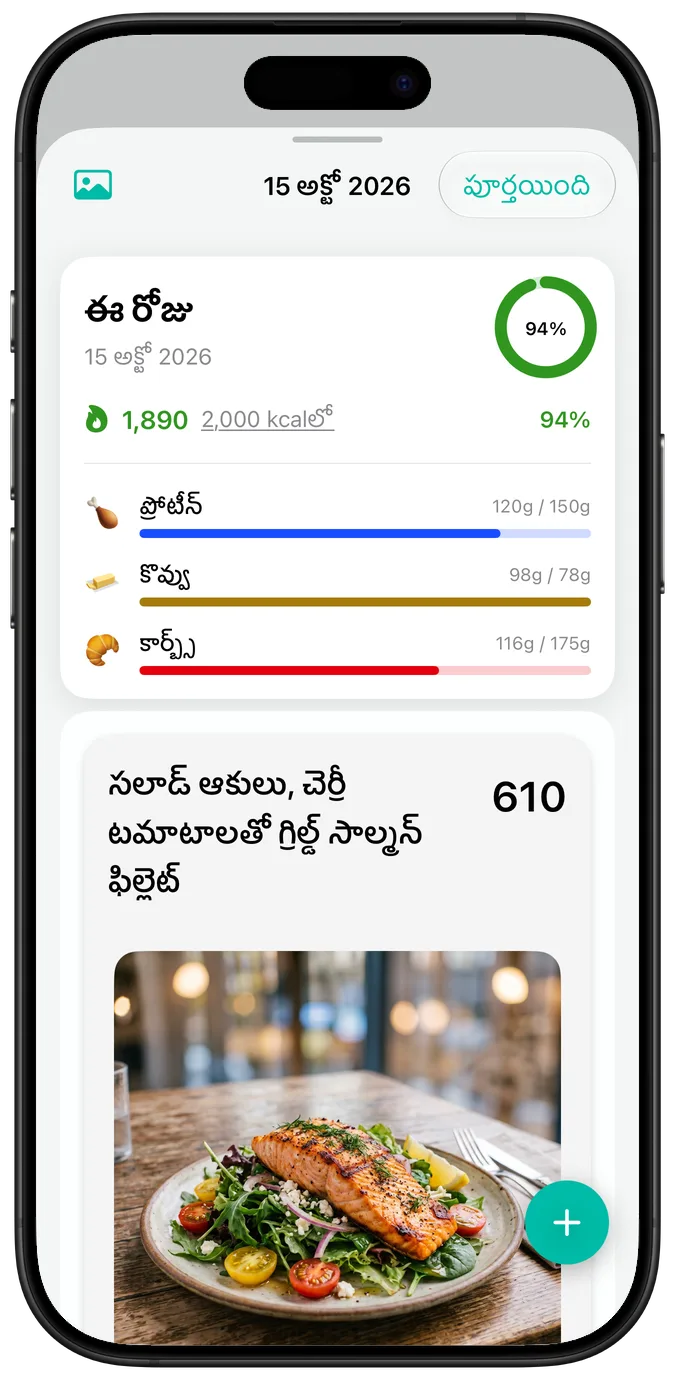 డిఫాల్ట్ టెక్స్ట్ సైజ్‌లో ఒక రోజు సారాంశం: క్యాలరీలు, మాక్రో ప్రోగ్రెస్ బార్‌లు, “సలాడ్ ఆకులు, చెర్రీ టమాటాలతో గ్రిల్డ్ సాల్మన్ ఫిల్లెట్” ఫోటో