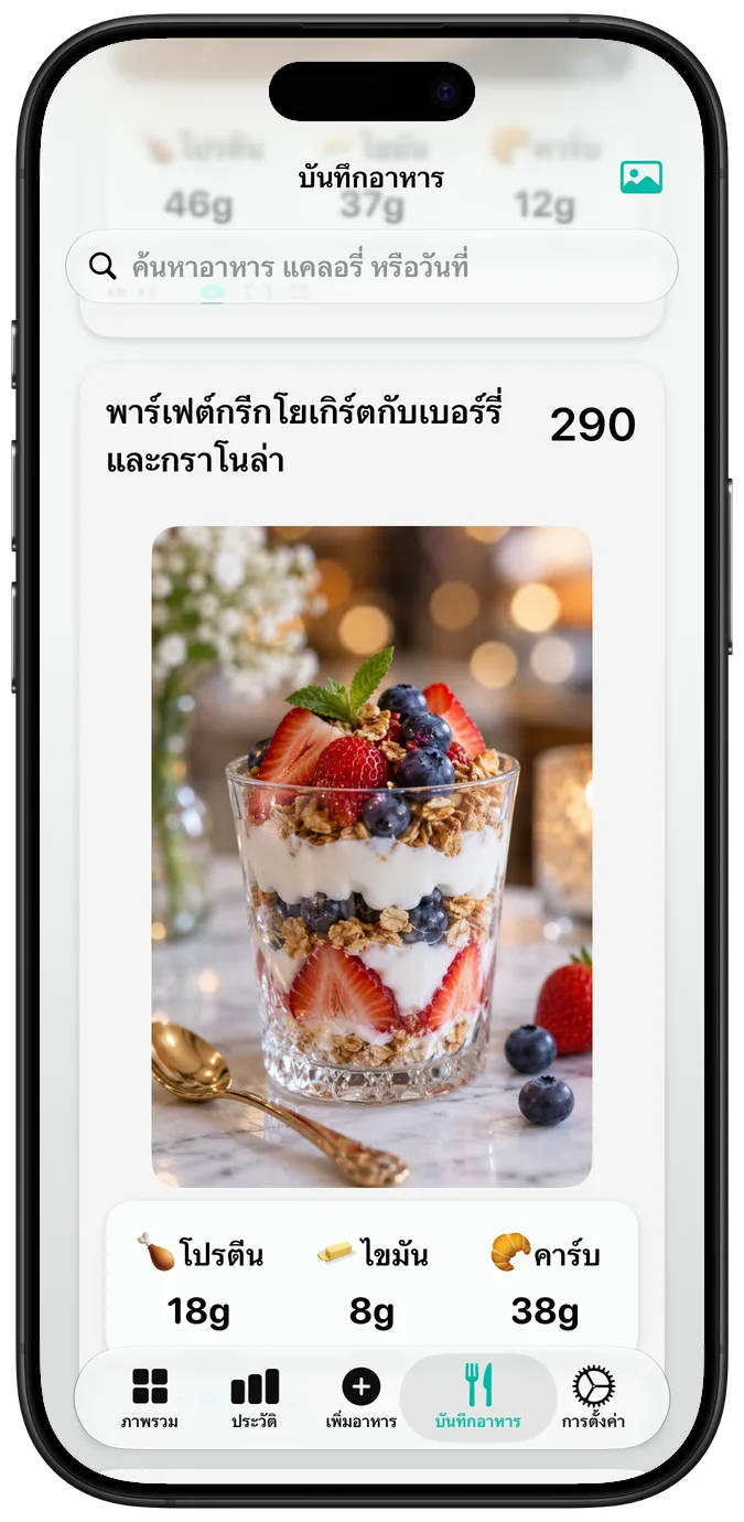 บันทึกอาหารแสดง พาร์เฟต์กรีกโยเกิร์ตกับเบอร์รี่และกราโนล่า พร้อมแคลอรี่และสารอาหารหลัก
