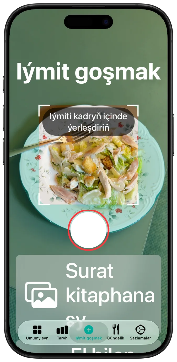 Iň uly elýeterlilik tekst ölçegindäki kamera ekrany: kadrda salat, onuň aşagynda zatwor we surat kitaphanasy düwmeleri biri-biriniň aşagynda