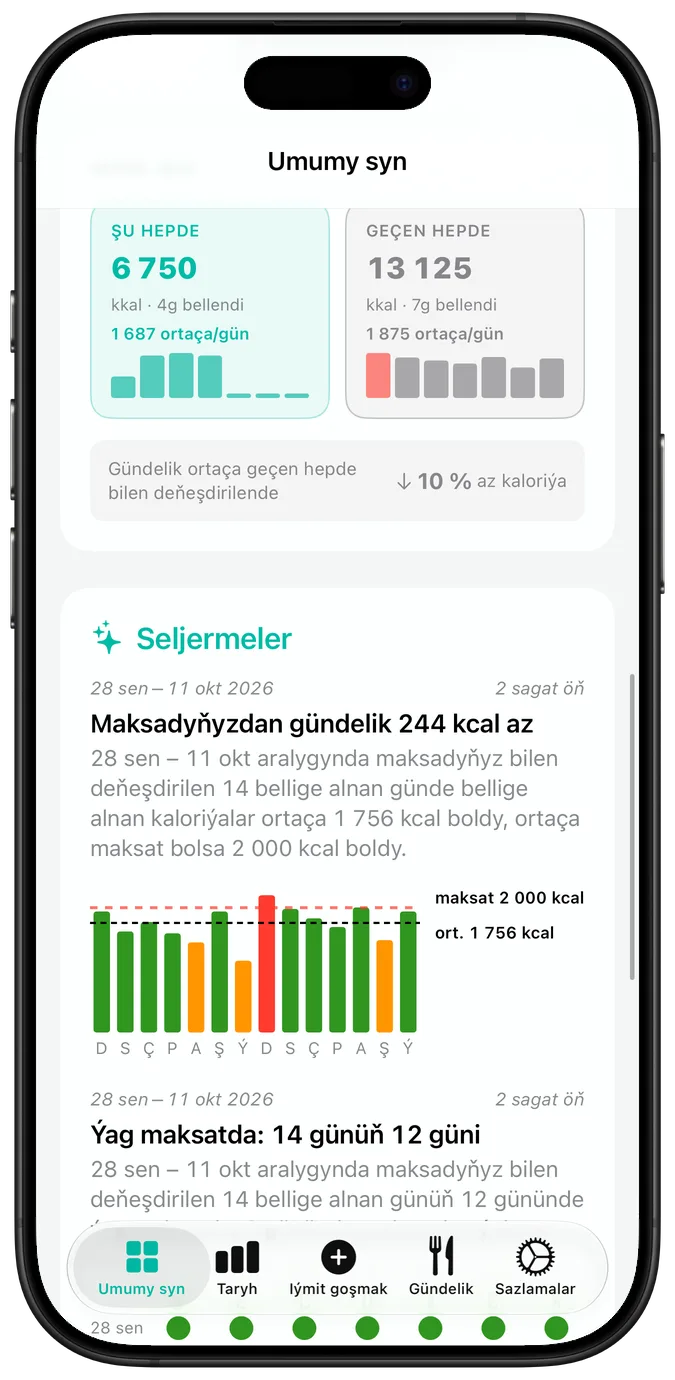 Soňky işjeňlik senenamasy: her gün bellik, duýduryş üçburçlugy ýa-da atanak bilen bellenen, aşagynda häzirki we iň gowy tapgyr