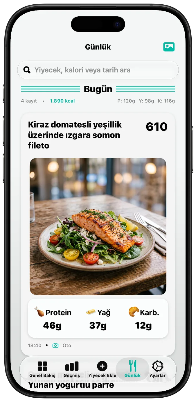 “Kalın Metin” açıkken beslenme günlüğü; tüm etiketler daha kalın