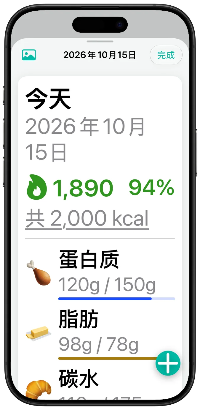 以最大辅助功能字号显示的单日摘要，每种宏量营养素的数值换行显示在名称下方